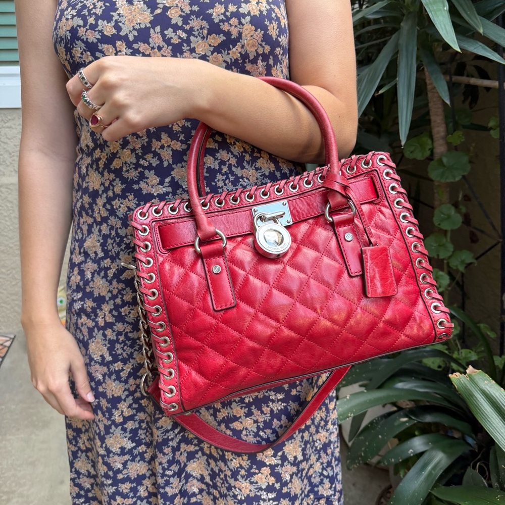 Vintage Michael Kors Red/Silver Quilted Leather Handbag with Lock and a Key